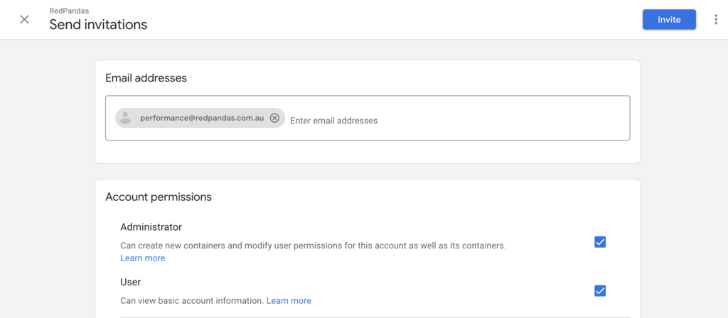 screenshot of account access management in google tag manager 